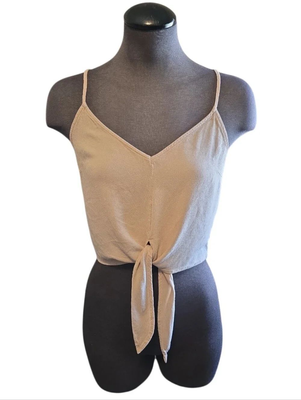 EC Lulu's Crop Front Tie Spaghetti Strap V-Neck Crop Tank Nude Beige